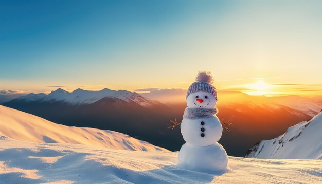 Snowman against the backdrop of a beautiful landscape of mountains at sunset