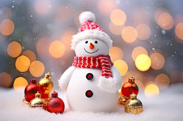Snowman on the background of festive bokeh The concept of Christmas and New Year