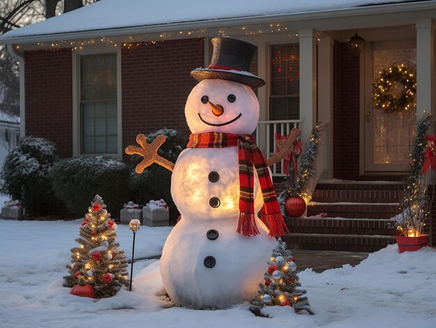 Snowman in the backyard decorated for christmas generated ai