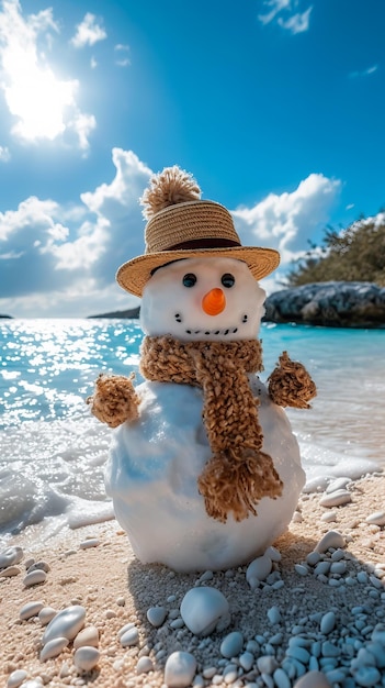 Snowman on a Beach Sunny Illusion Frosty Friend on the Shore