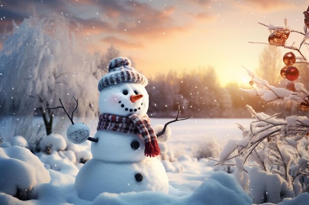 美しい晴れた冬の日に雪人 雪の草原で陽気な雪人