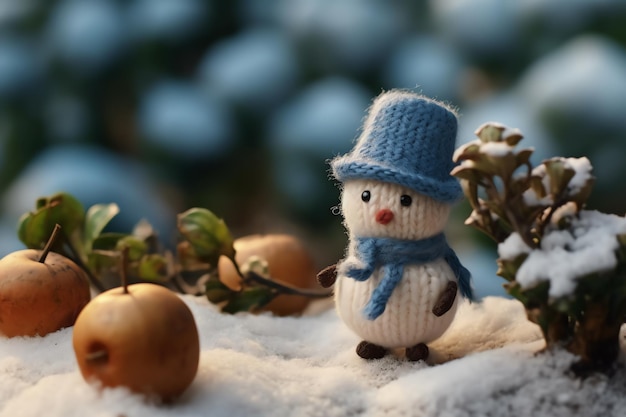 A snowman in a blue hat stands in the snow with a christmas tree in the background