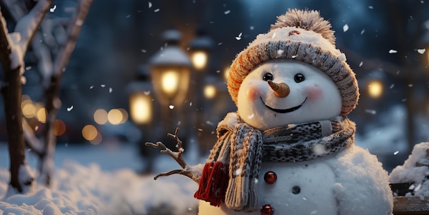 Snowman on a blurred background bright lights postcard Generative AI