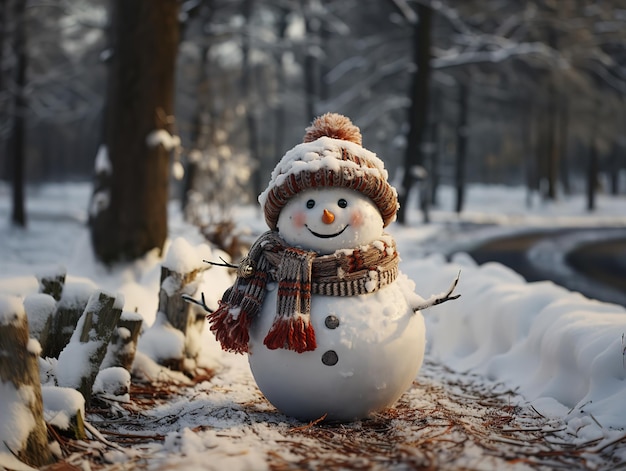 Snowman on a blurred background bright lights postcard Generative AI