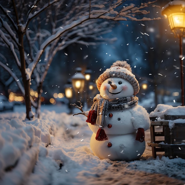 Snowman on a blurred background bright lights postcard Generative AI