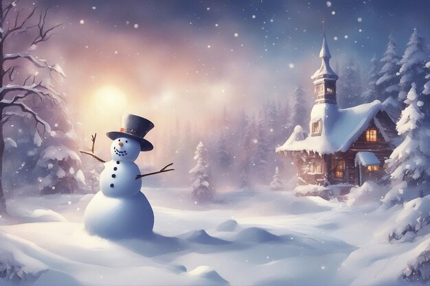 Photo snowman and castle background