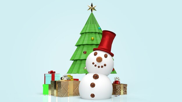 Snowman and Christmas tree 3d rendering