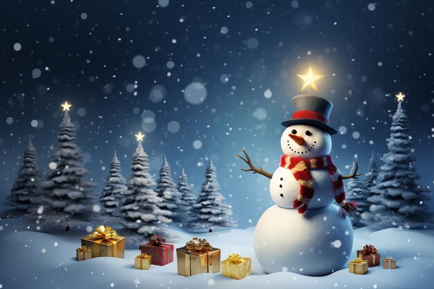 Snowman and Christmas tree decorate with gift boxes in winter background Holiday digital illustration for design card poster or banner in Christmas festival Generative AI