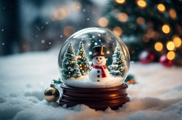 Snowman and Christmas tree in a snow globe with bokeh background