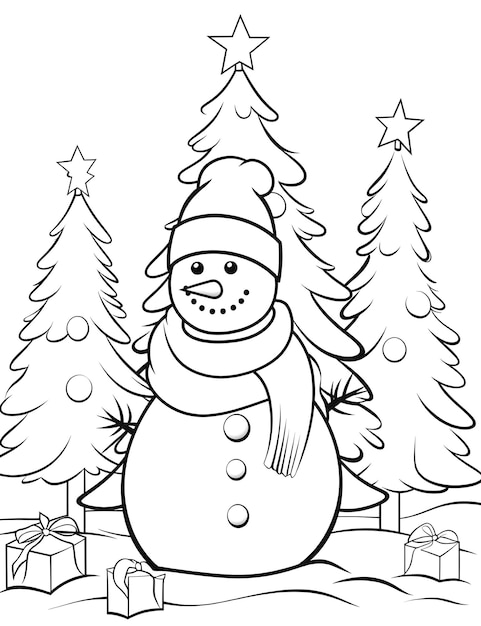 Photo a snowman and a christmas tree in a snowy scene coloring page for kids