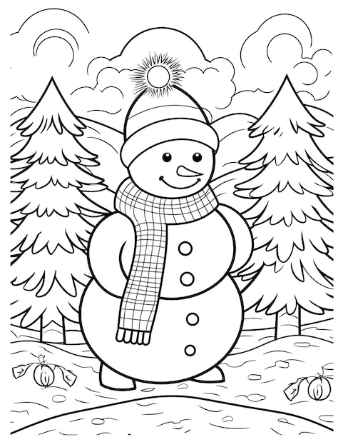 Photo a snowman and a christmas tree in a snowy scene coloring page for kids