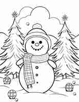 Foto un pupazzo di neve e un albero di natale in una scena innevata pagina da colorare per bambini