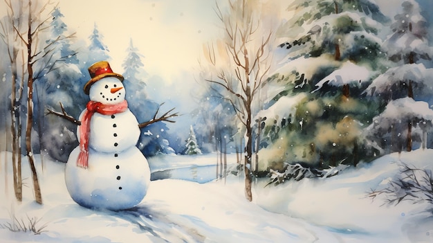 Snowman and Christmas tree watercolor style