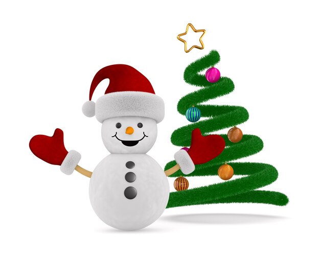 Snowman and christmas tree on white background. Isolated 3D illustration