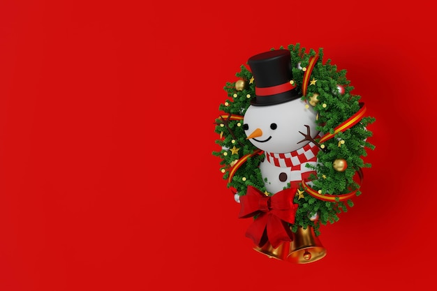 Snowman in Christmas wreath with bows and ribbons baubles celebrate Merry Christmas Xmas and Happy New Year festival 3D rendering