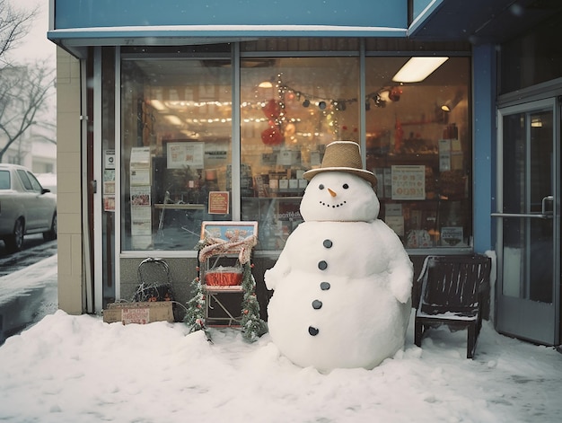 snowman in the city acanthus shop window decorated for Christmas generated ai