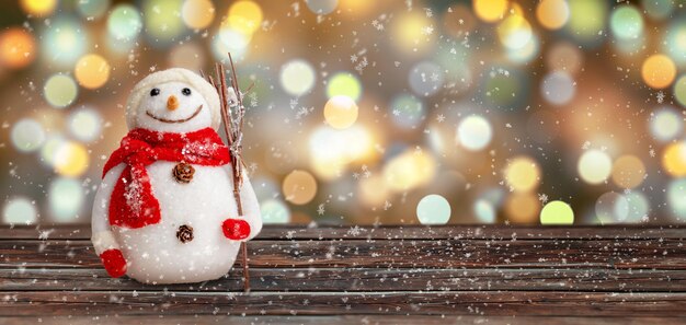 写真 雪だるまは木の表面に雪片で覆われています。クリスマスの背景。スペースをコピーします。