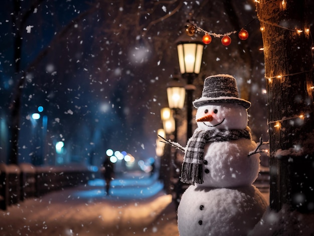 Snowman decorated with scarf carrot hat standing on the street with snow and snow flakes winter