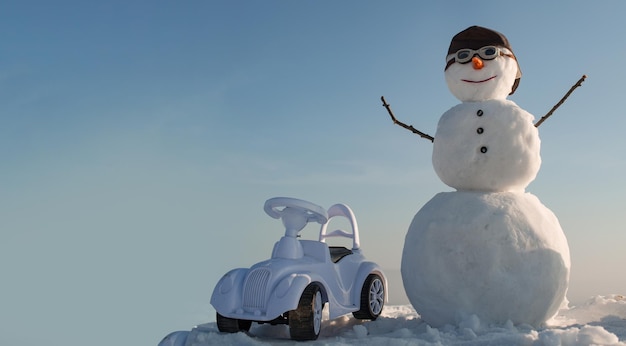 雪だるま新年グリーティング カード w 雪屋外背景クリスマス バナーの雪だるまドライバー