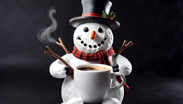 Snowman enjoying aromatic morning coffee on a black background