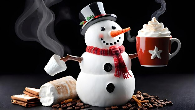 Snowman enjoying aromatic morning coffee on a black background