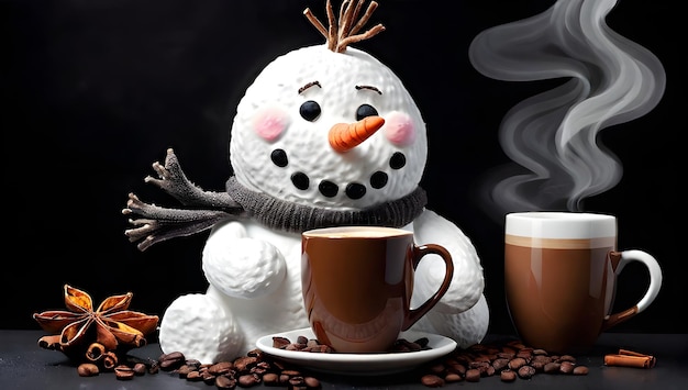 Снежный человек наслаждается ароматным утренним кофе на черном фоне