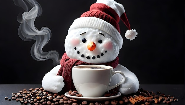 Snowman enjoying aromatic morning coffee on a black background