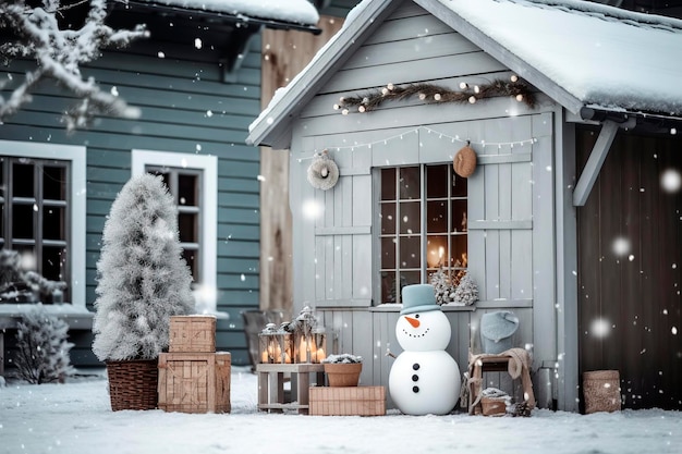 Snowman at the entrance to a house decorated for christmas during a snowfall ai generated