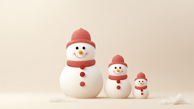 Snowman family on light background Copy space