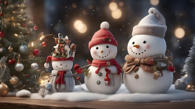 Snowman family in red hats and scarves on the background of a Christmas tree