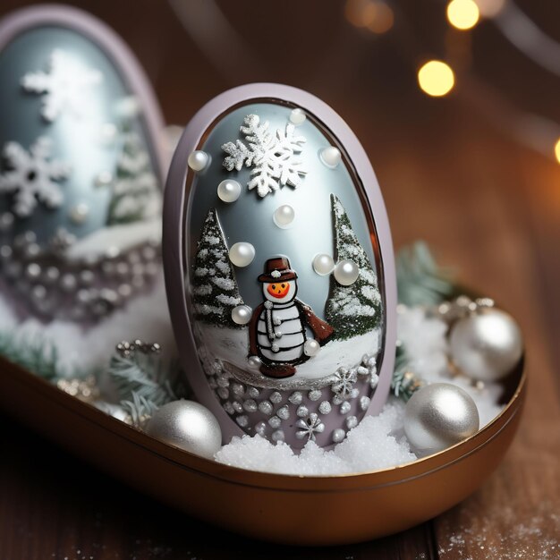 a snowman figure is sitting in a wooden box with snowflakes around it