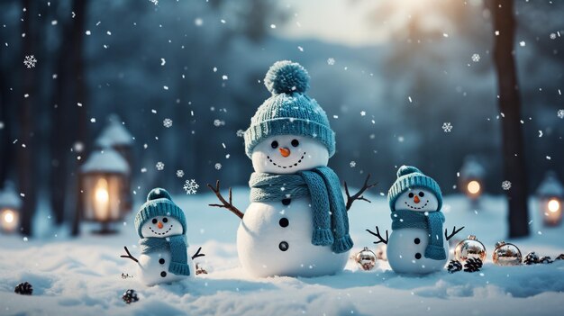 Photo snowman in fluffy snow