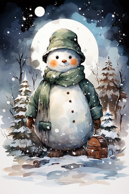 Photo snowman in the forest at night watercolor painting illustration