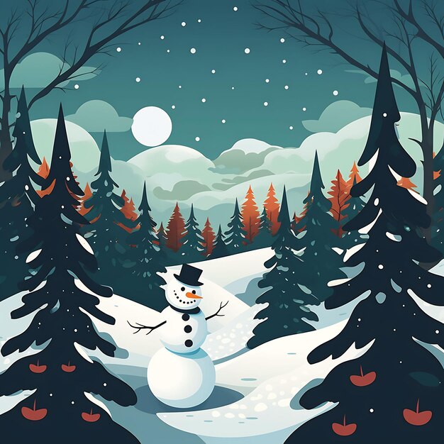 a snowman in a forest with trees and snow in the background