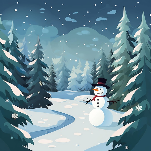 a snowman in a forest with trees and snow