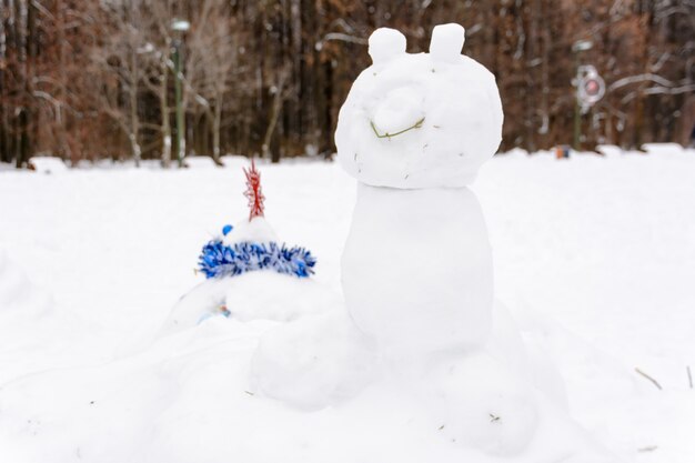 冬の風景の中の白い雪の漂流を背景に立っている猫の形をした雪だるま。雪がいっぱいある。