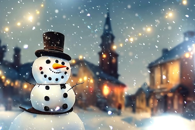 Снеговик в шляпе на вечерней городской улице Рождественская открытка, поздравление с зимним праздником