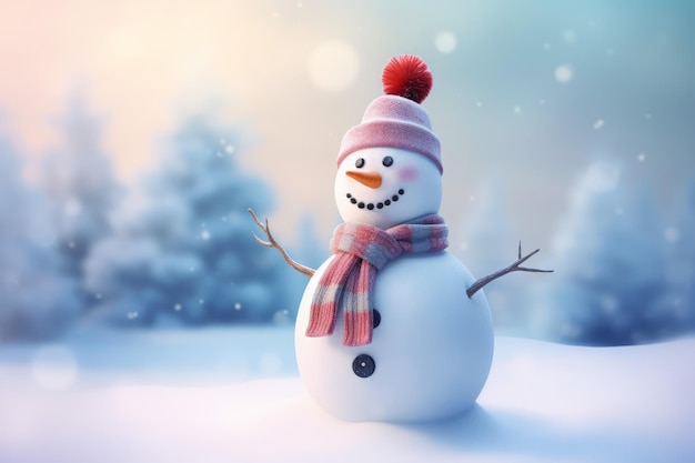 Snowman hat scarf in snow forest Park outdoor Generate Ai