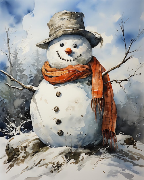 snowman hat scarf snow full body bright depth oil color face simple deep wearing solid arms behind