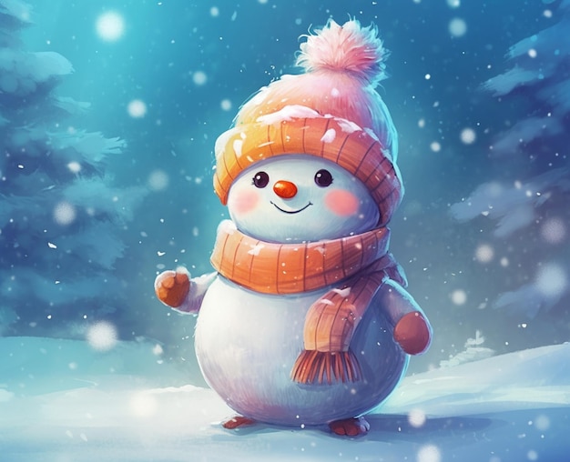 A snowman in a hat and scarf stands in the snow