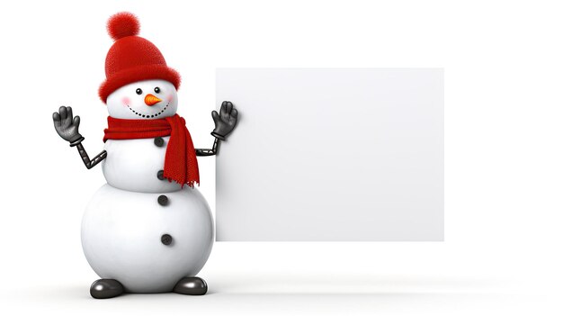 Photo a snowman holding a blank signboard against a white backdrop an ideal canvas for adding custom messages whether they are holiday greetings event announcements or promotional text