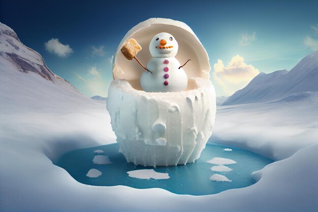 Snowman in an ice cream stone chute wintersummer concept Generate Ai