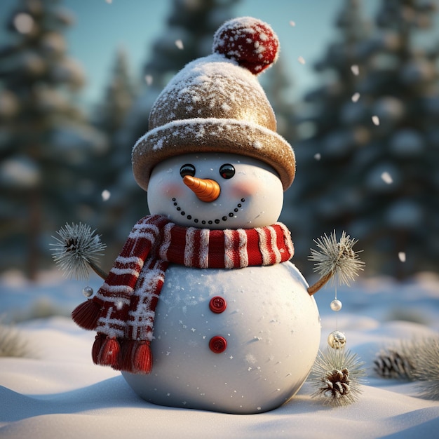 Snowman icon wearing christmas hat isolated 3d render illustration