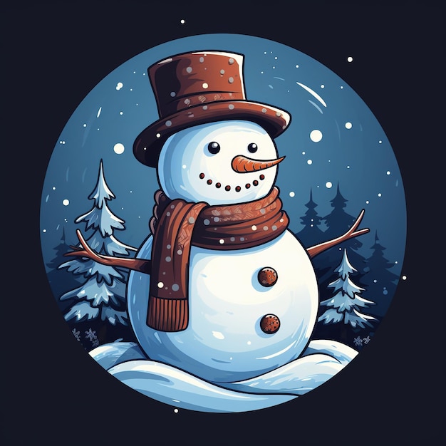 Фото Снежный человек в круглой раме наклейка снежного человека в шапке акварель иллюстрация