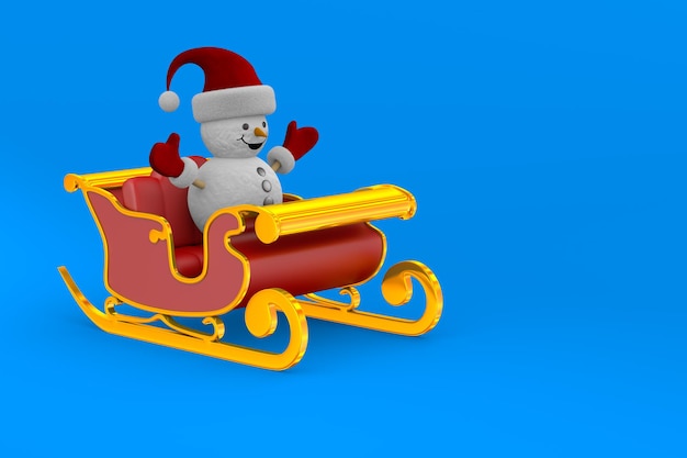 Snowman into sled on blue background. Isolated 3D illustration