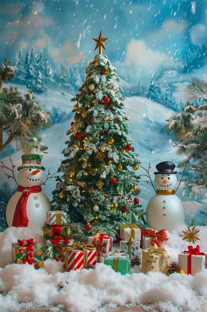 a snowman is next to a christmas tree with a snowman and a snowman