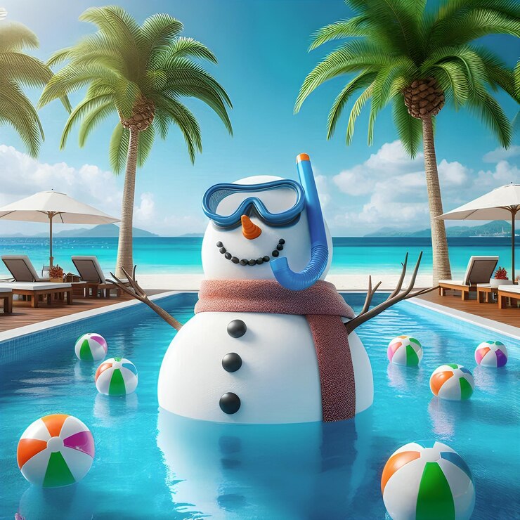 Photo a snowman is in the pool with the ocean in the background
