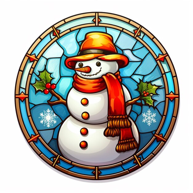 a snowman is shown in a stained glass window