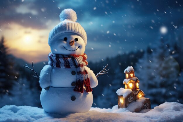 a snowman is sitting in the snow outdoors at night