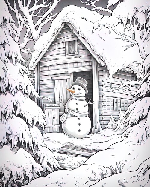 Photo a snowman is standing in front of a cabin
